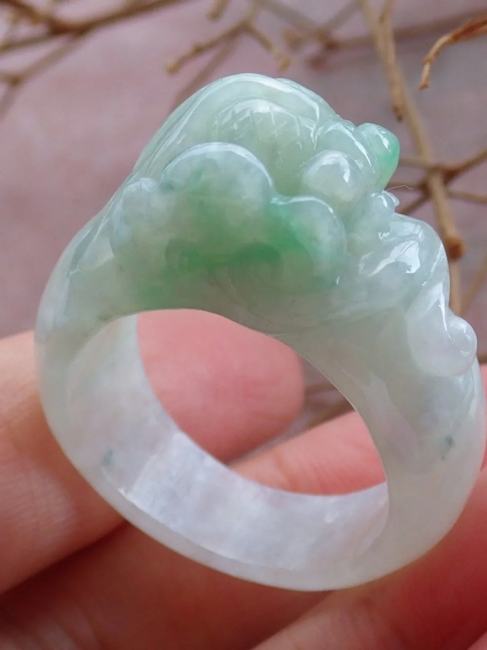 US 11.25 Certified Hand Carved Green Natural Burma A JADE Jadeite Gold Fish Ring